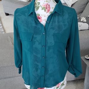Olive & Oak Size L Down Long Sleeves Blouse Blue Green …